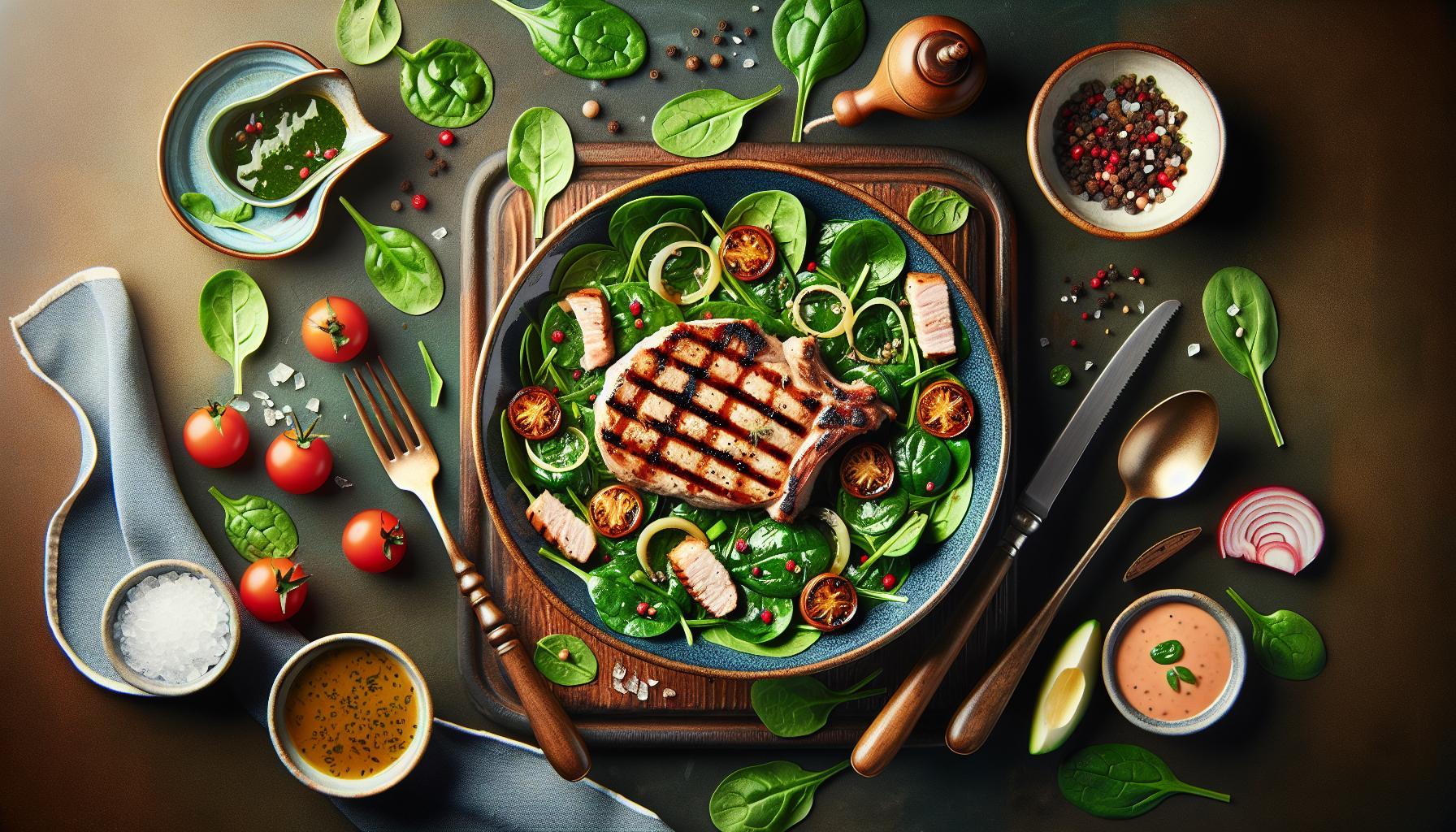 Juicy Grilled Pork Chop and Fresh Spinach Salad Recipe: A Perfect Healthy Dinner Option!